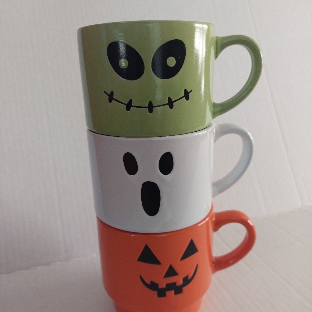 New Stackable 3pcs HALLOWEEN Mugs Coffee CUPS Ghost Pumpkin Frankinstein (BAG B) - Picture 2 of 3